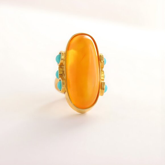 Baltic Amber and Turquoise Gold Ring- 14k Gold Plated Sterling Silver - Picture 2 of 9